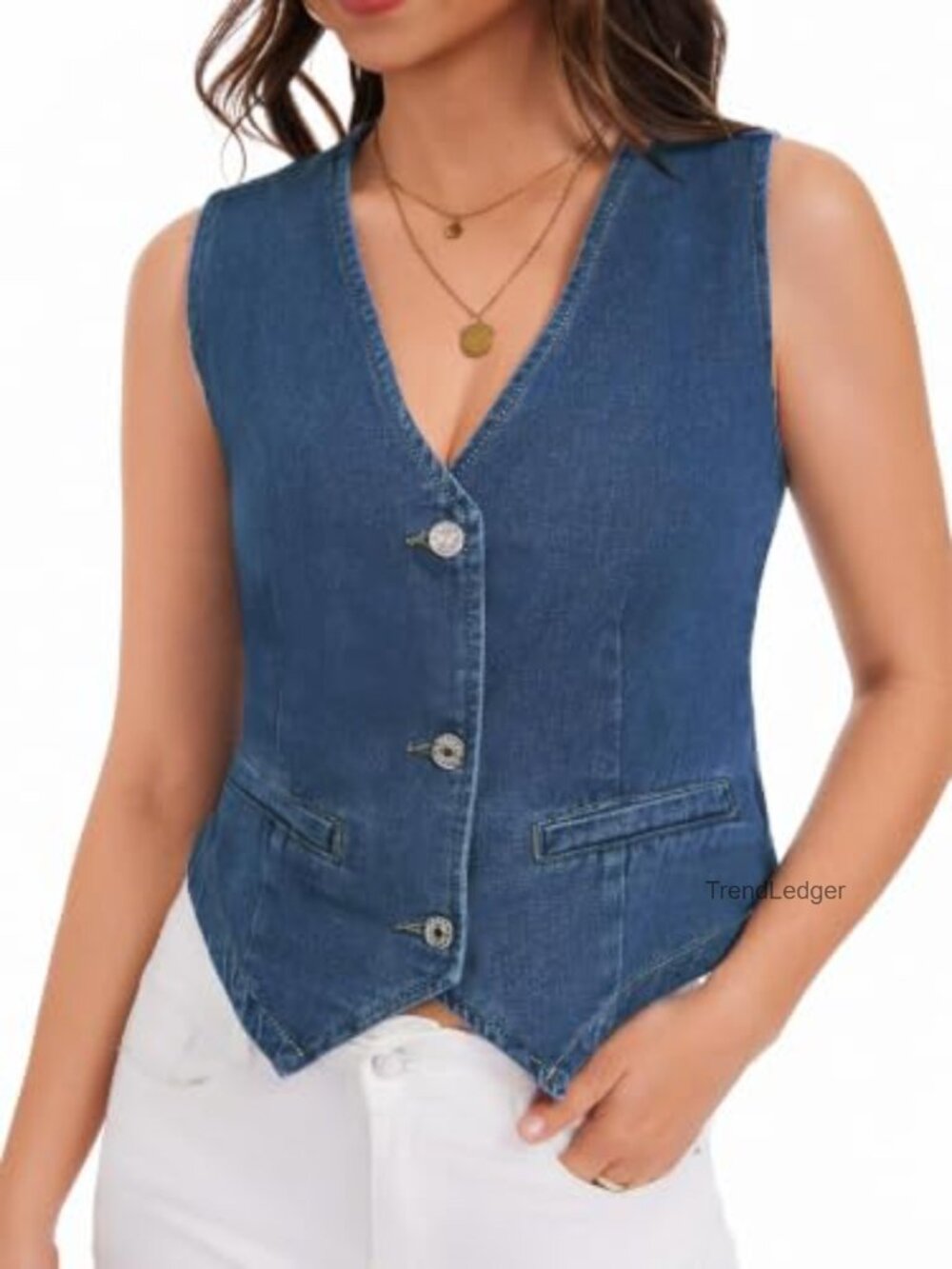 Sleeveless Denim Vest Crop Button Down V-Neck Jean Top